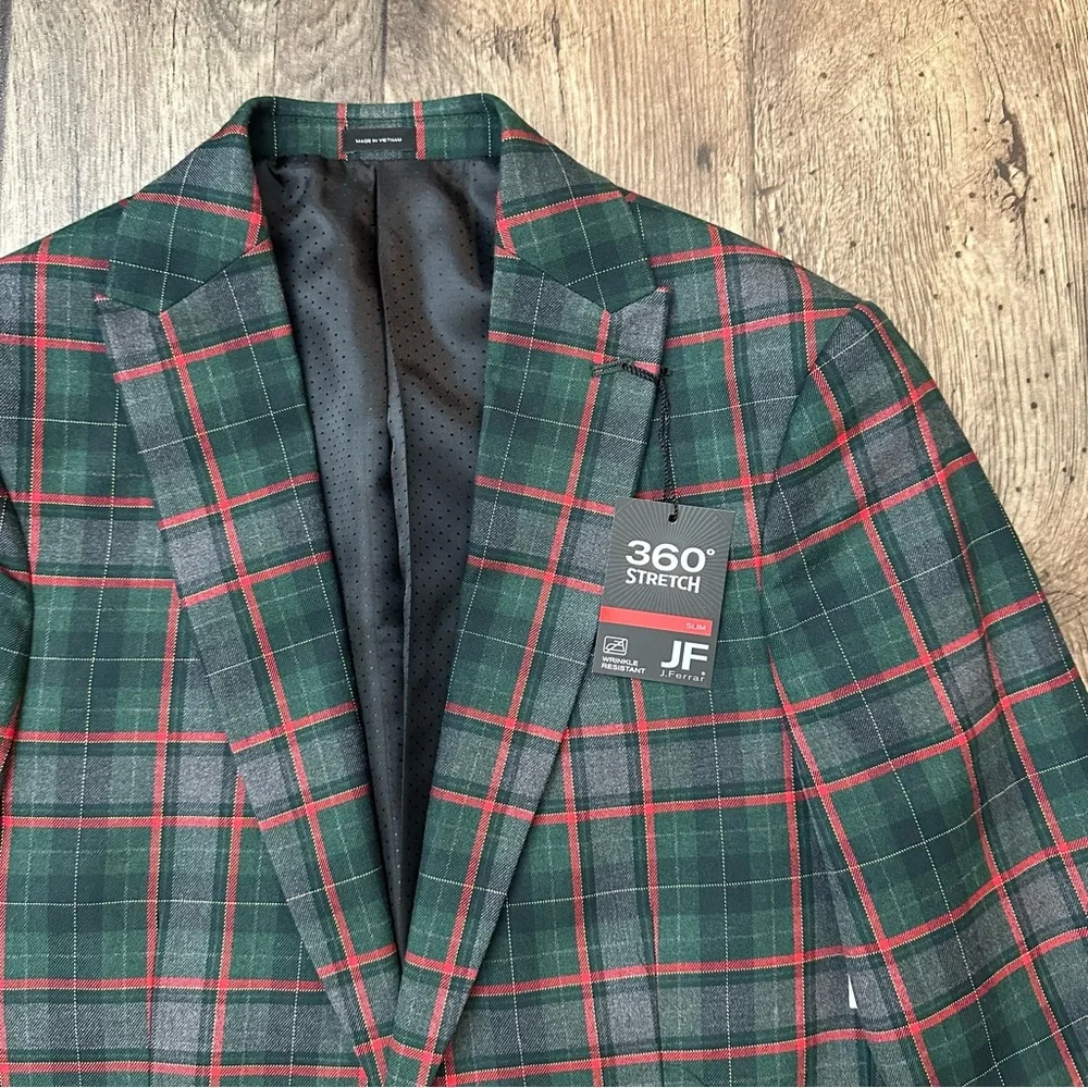 JF J Ferrar Sports Coat Slim Suit Jacket Men's S 34/36 Reg Plaid Red Green